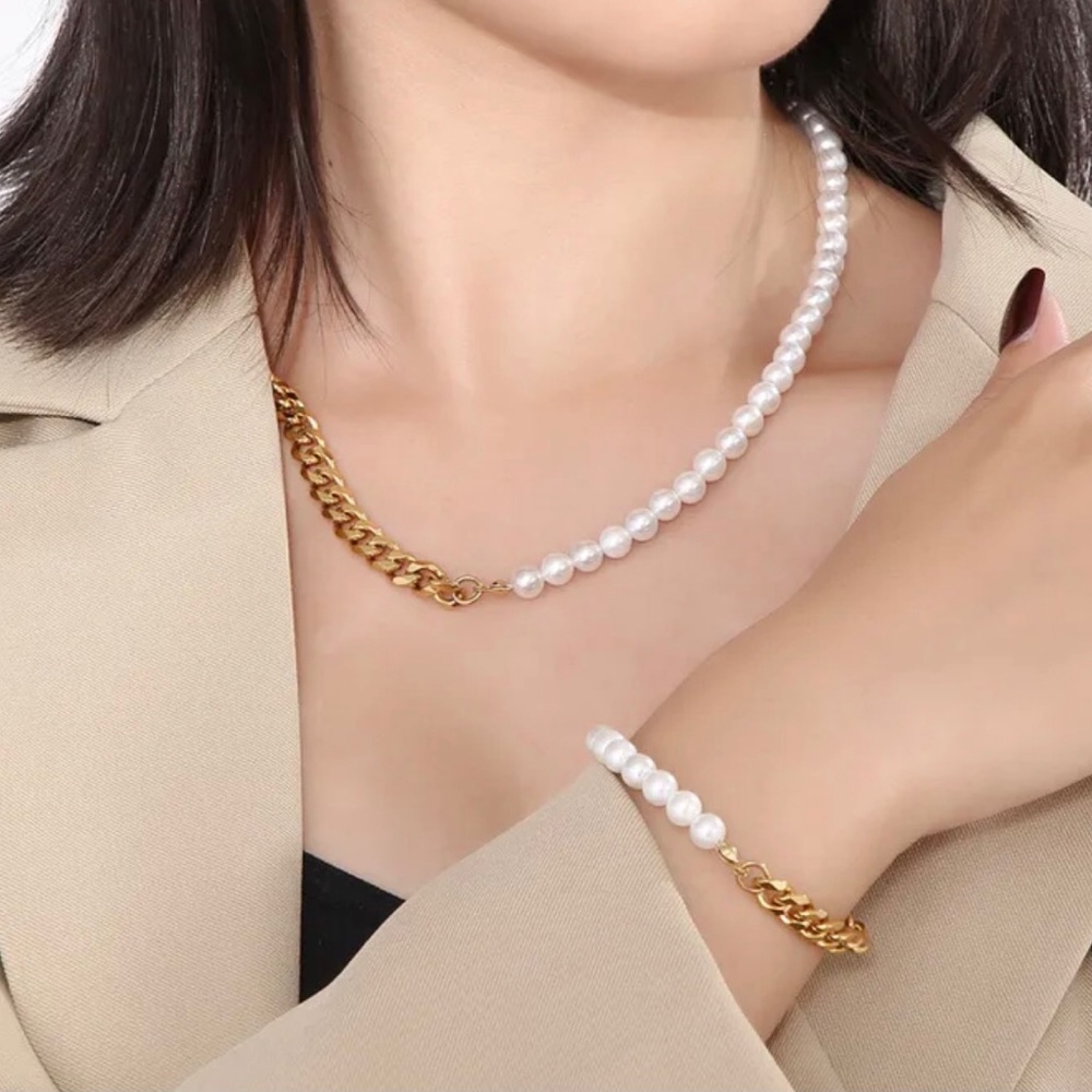stainless steel jewelry set, artificial pearls
